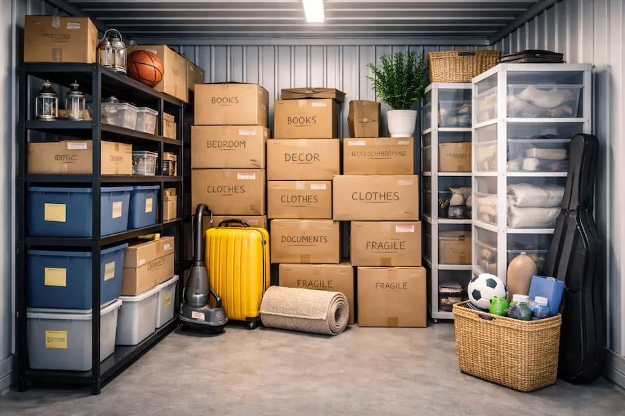 Inne i ett organiserat förråd – trygg magasinering med uppmärkta flyttkartonger, plastlådor och hyllsystem för struktur och tillgänglighet.